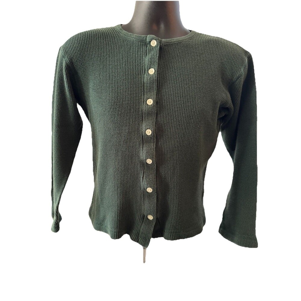 Vintage Eddie Bauer  Women’s Dark Green Waffle Knit Thermal Button Down SZ SP